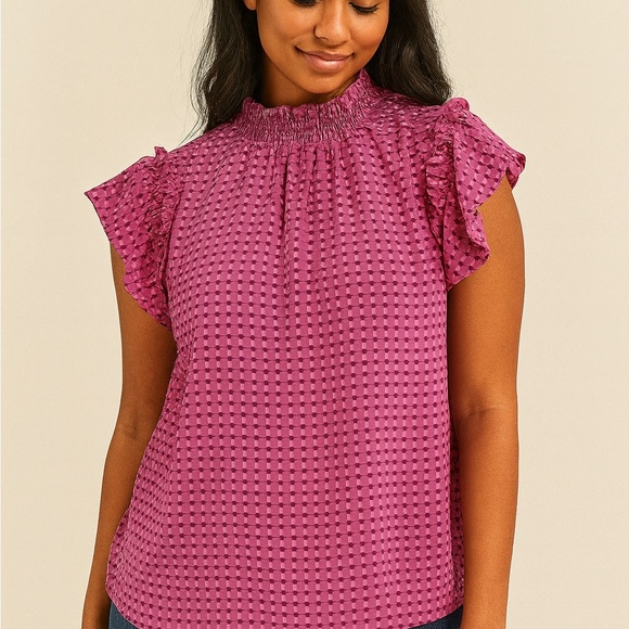 CeCe Textured Magenta Ruffle Sleeve Blouse - Picture 1 of 3